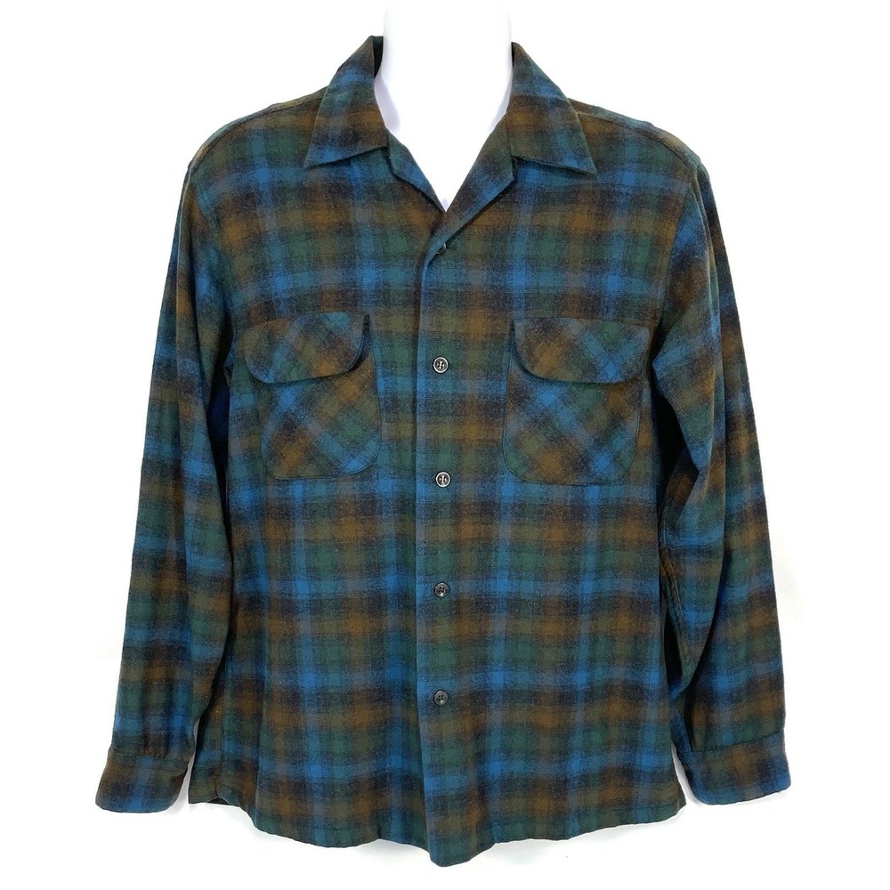 Vintage 60s Pendleton Board Shirt Mens L Blue Brown Plaid Wool Loop Collar